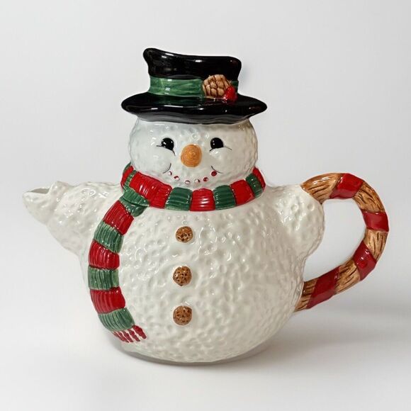 Snowman Christmas Teapot Hot Chocolate Macy's The Cellar Hand Painted Holiday 8" - Picture 1 of 7